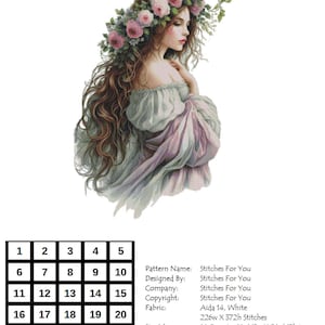 Dame met bloemen - getelde kruissteekpatronen - afdrukbare tabel in pdf-formaat handwerken borduren ambachten DIY DMC kleur