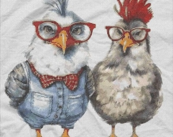 Chicken Couple - Counted Cross Stitch Patterns - Printable Chart PDF Format Needlework Embroidery Crafts DIY DMC color