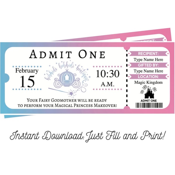 Editable Bibbidi Bobbidi Boutique Gift Ticket, Princess Makeover Surprise, Download, Fill and Print, Digital File PDF