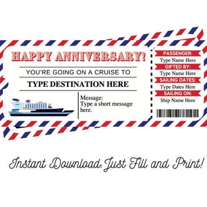 Cruise Ticket Anniversary Surprise Trip Reveal Gift for Him Gift for Her Editable and Printable | Digital File Fillable PDF