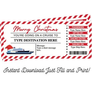 Cruise Ticket Christmas Surprise Trip Editable and Printable Digital File Fillable PDF