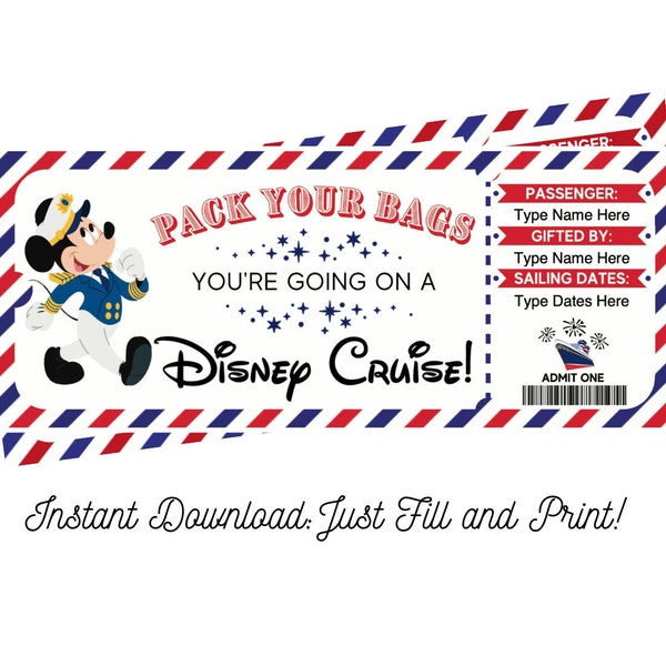 Mickey Cruise Ticket Surprise Trip Reveal Gift for Kids Editable and Printable Digital File Fillable PDF and Canva Template