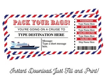 Cruise Ticket | Surprise Cruise Trip | Editable and Printable | Digital File Fillable PDF