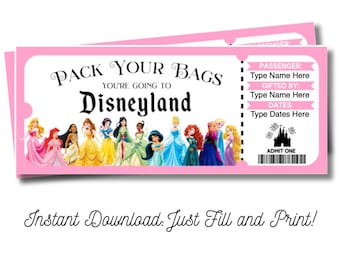 Princess Surprise Tickets California Theme Park Printable and Editable DIGITAL DOWNLOAD gift pdf