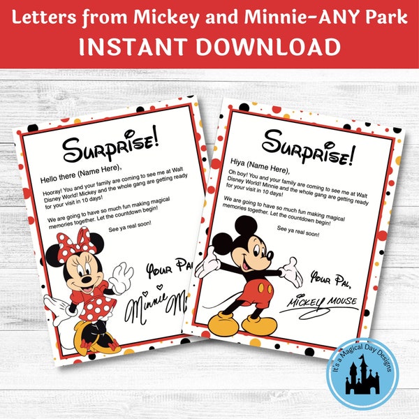 Editable Letters from Mickey and Minnie, Trip Reveal, Customize and Print PDF digital download