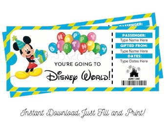 Mickey Birthday Surprise Tickets Florida Theme Park Printable and Editable DIGITAL DOWNLOAD gift pdf