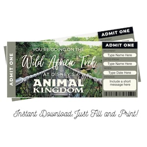 Bearbeitbares Animal Kingdom Wild Africa Trek Ticket, Überraschungsreise enthüllen, anpassen und drucken PDF digitaler Download