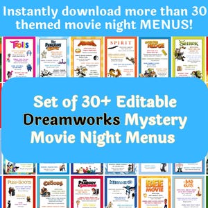 May include: A collection of over 30 editable movie night menus featuring various Dreamworks film themes. Each rectangular menu displays colorful character graphics, movie titles, and categorized food sections for appetizers, main courses, and desserts.