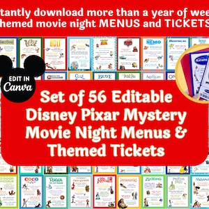 Dinner and a Movie Night Menus and Movie Tickets | 56 Mystery Movie Night Ideas for Family Movie Nights | CUSTOMIZABLE Family Friendly Menus