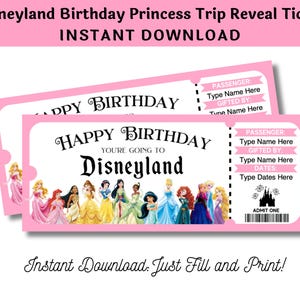 Princess Birthday Surprise Tickets California Theme Park Druckbare und bearbeitbare Geschenk für Kinder DIGITAL DOWNLOAD Geschenk pdf