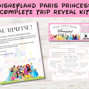 Paquete de parque temático Princess Trip Reveal Paris Regalo para niños Búsqueda del tesoro Entradas de regalo Carta de Minnie, descarga en PDF personalizable