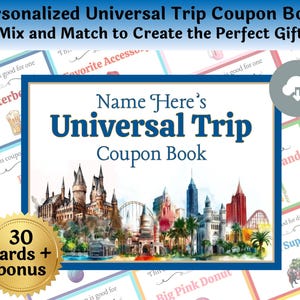 Könnte beinhalten: Ein personalisiertes Universal Trip Coupon Book mit blauem Rand. Das Cover zeigt eine Stadtlandschaftsillustration und den Text "Name Here's Universal Trip Coupon Book." Enthält 30 Karten plus Bonus. Der Hintergrund hat verschiedene Coupon-Beispiele.