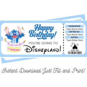 Stitch Birthday Surprise Tickets California Theme Park imprimível e editável DOWNLOAD DIGITAL presente pdf