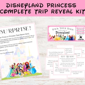 Princess Trip Reveal California Theme Park Bundle Regalo para niños Búsqueda del tesoro Entradas de regalo Carta de Minnie, descarga PDF personalizable