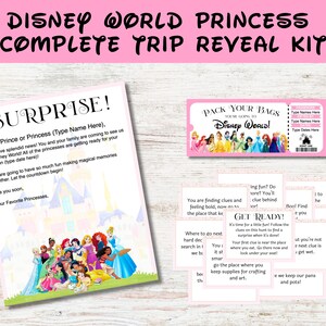 Trip Reveal Princess Florida Theme Park Bundle Regalo para niños Búsqueda del tesoro Entradas de regalo Carta de Minnie, descarga PDF personalizable