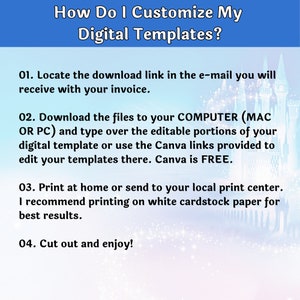 K&ouml;nnte beinhalten: Eine blau-wei&szlig;e Grafik mit dem Text "How Do I Customize My Digital Templates?" und nummerierten Anweisungen zur Bearbeitung digitaler Vorlagen. Anweisungen umfassen das Herunterladen von Dateien, die Verwendung von Canva und das Drucken.