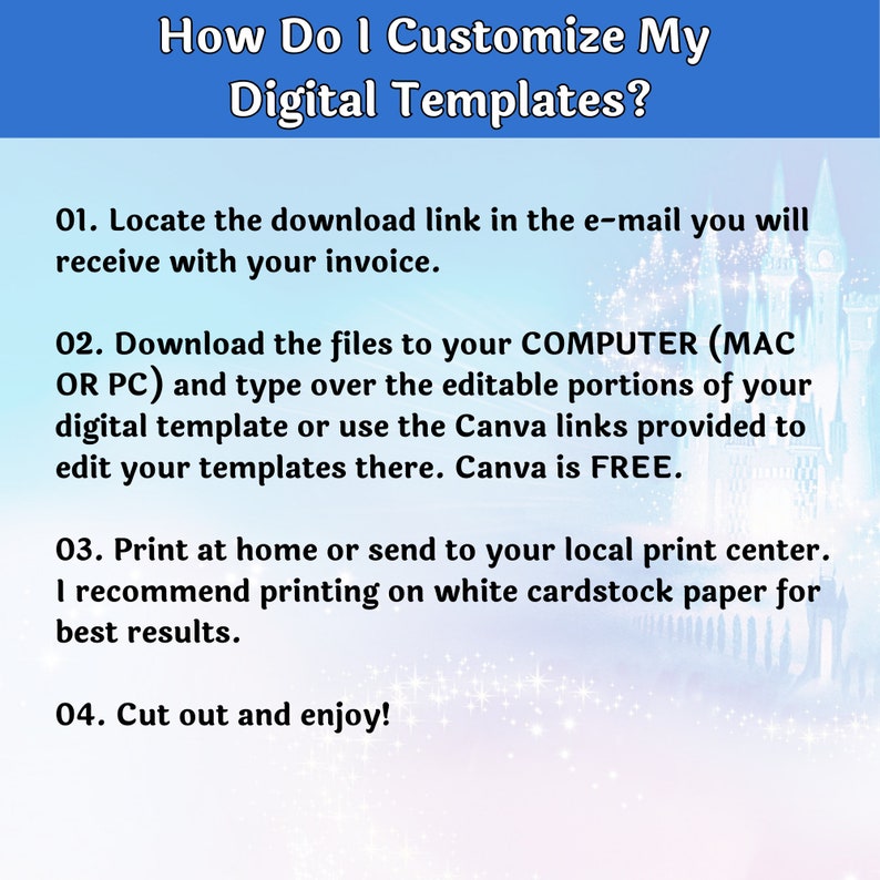 K&ouml;nnte beinhalten: Eine blau-wei&szlig;e Grafik mit dem Text "How Do I Customize My Digital Templates?" und nummerierten Anweisungen zur Bearbeitung digitaler Vorlagen. Anweisungen umfassen das Herunterladen von Dateien, die Verwendung von Canva und das Drucken.