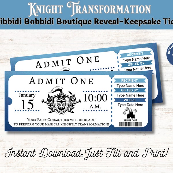 Editable Bibbidi Bobbidi Boutique Gift Ticket, Knight Transformation Surprise, Download, Fill and Print, Digital File PDF