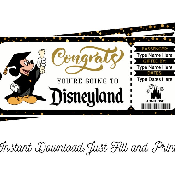 Editable California Theme Park Graduation Surprise Ticket INSTANT DOWNLOAD Fill and Print Kids Family Vacation