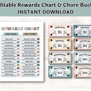Editable Rewards Coupons for Kids Chore Bucks Play Money Rewards System for Kids INSTANT DOWNLOAD Customizable & Printable Digital File