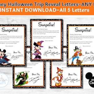 Cartas editables de Halloween de Mickey Minnie Donald Daisy y Goofy, Cartas de revelación de viaje Cualquier parque temático Personaliza e imprime descarga digital