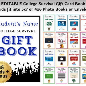 Libro de tarjetas de regalo editables para estudiantes universitarios. Porta tarjetas de regalo personalizable en Canva. Descarga, edita e imprime al instante.