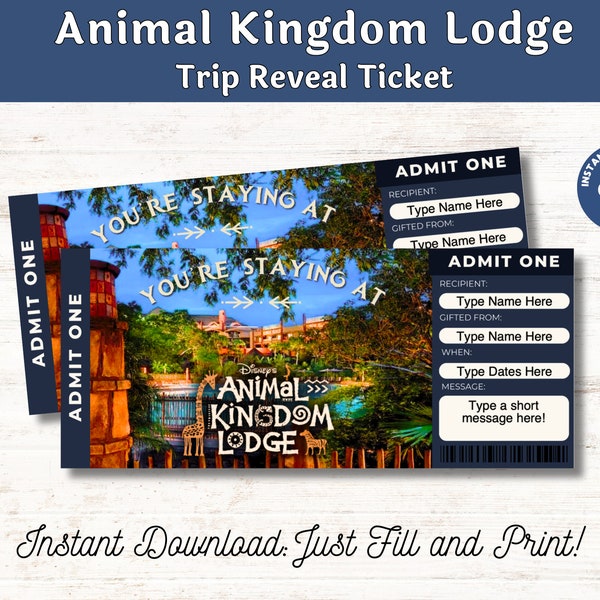 Editable Animal Kingdom Lodge Surprise Ticket, Surprise Trip Reveal, Customize and Print PDF digital download