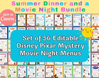 Może przedstawiać: Kolaż 56 drukowanych menu na wieczór filmowy z Disney Pixar. Menu są edytowalne i zawierają różne popularne filmy, w tym Toy Story, Finding Nemo, Potwory i spółka, W górę, w górę i Wall-E. Menu są idealne na imprezę tematyczną lub rodzinny wieczór filmowy.