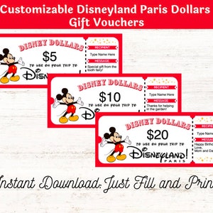 May include: Three printable gift voucher templates featuring Mickey Mouse. Each voucher is red and white with a different amount of Disney Dollars: £5, £10, and £20. The vouchers are customizable with a recipient's name and a message.