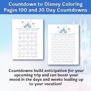 K&ouml;nnte beinhalten: Zwei ausdruckbare Disney-Countdown-Malvorlagen. Eine ist ein 30-Tage-Countdown und die andere ein 100-Tage-Countdown. Jeder Tag hat einen Mickey-Mouse-Kopf zum Ausmalen. Der Text lautet "It's time to go to Disney!"