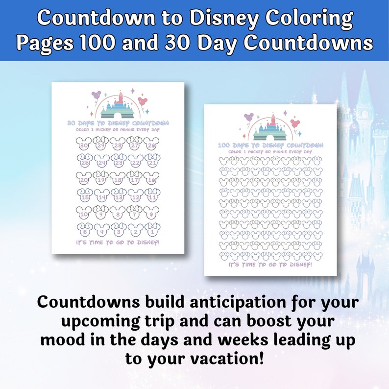 K&ouml;nnte beinhalten: Zwei ausdruckbare Disney-Countdown-Malvorlagen. Eine ist ein 30-Tage-Countdown und die andere ein 100-Tage-Countdown. Jeder Tag hat einen Mickey-Mouse-Kopf zum Ausmalen. Der Text lautet "It's time to go to Disney!"