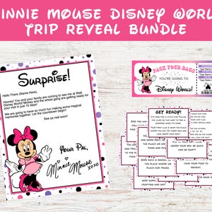 Paquete de viaje de Minnie Mouse para parques temáticos de Florida, regalo para niños, boletos de regalo para búsqueda del tesoro, carta de Minnie, descarga en PDF personalizable