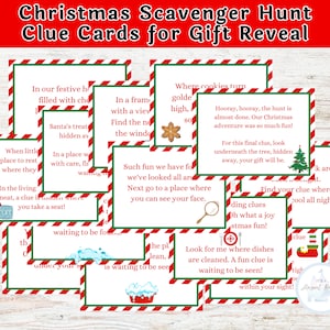 Regalo de Navidad Búsqueda del tesoro Tarjetas de pistas Regalo para niños Regalo Revelar Anuncio de viaje Descarga digital PDF imprimible