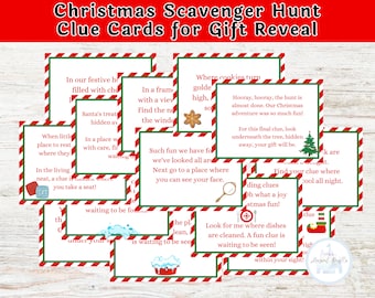 Christmas Gift Scavenger Hunt Clue Cards Gift for Kids Gift Reveal Trip Announcement Printable PDF digital download