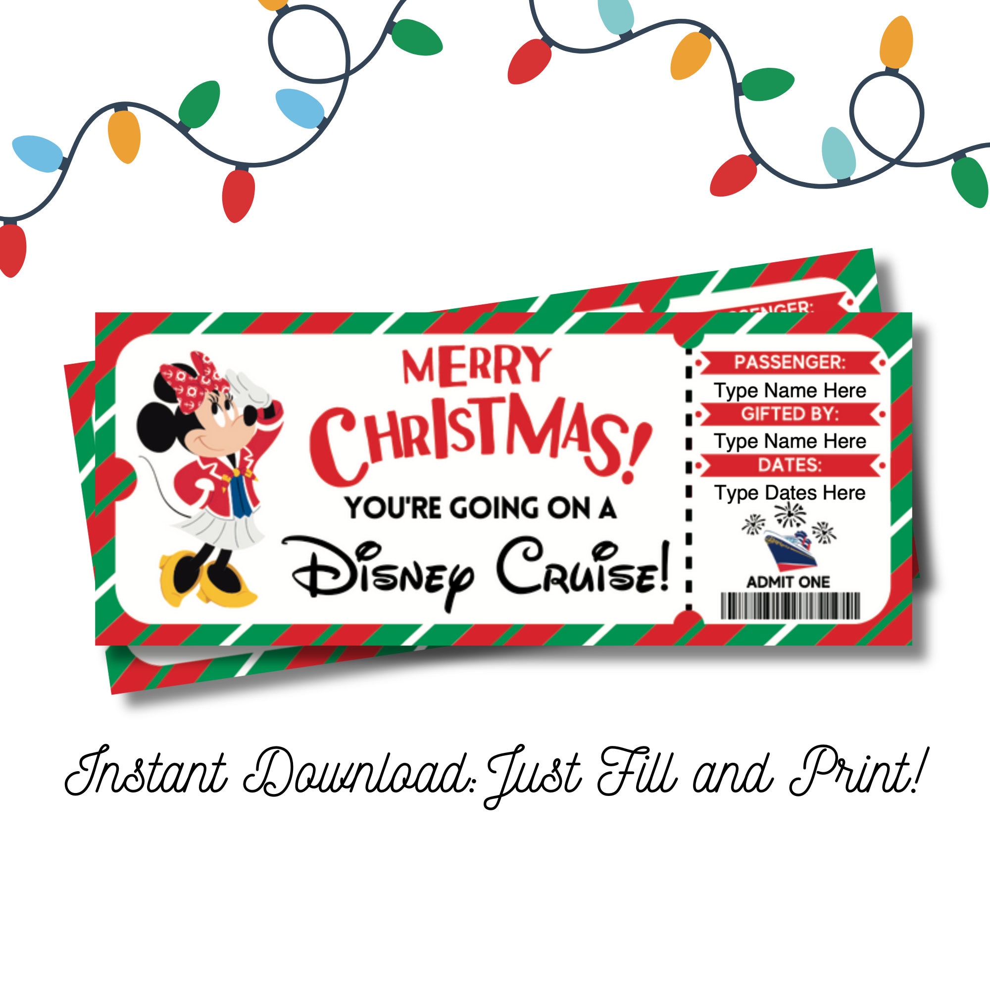Boleto de crucero de Minnie, viaje sorpresa de Navidad, regalo de Navidad para niños, archivo digital editable e imprimible, PDF rellenable