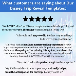 K&ouml;nnte beinhalten: Das Bild zeigt Text: &bdquo;Was Kunden &uuml;ber unsere Disney Trip Reveal Vorlagen sagen:&ldquo; mit f&uuml;nf schwarzen Sternen. Kundenbewertungen heben die Benutzerfreundlichkeit und das magische Erlebnis der Vorlagen hervor.