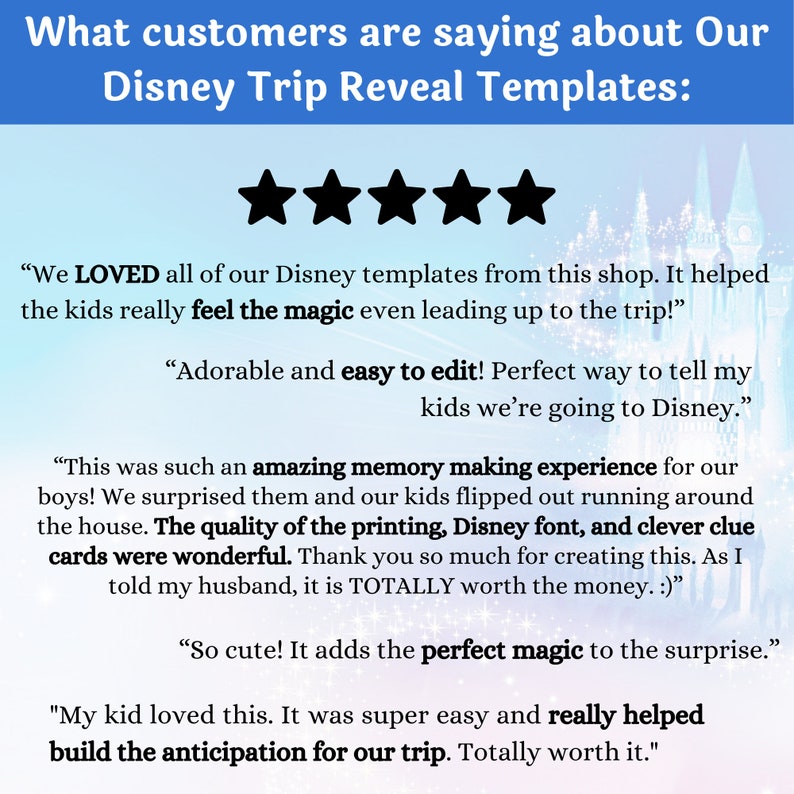 K&ouml;nnte beinhalten: Das Bild zeigt Text: &bdquo;Was Kunden &uuml;ber unsere Disney Trip Reveal Vorlagen sagen:&ldquo; mit f&uuml;nf schwarzen Sternen. Kundenbewertungen heben die Benutzerfreundlichkeit und das magische Erlebnis der Vorlagen hervor.