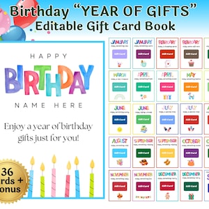 Editable Birthday Gift Card Book Year of Gifts Birthday Gift Adult Birthday Card Holder Customize in Canva | Instant Download, Edit & Print