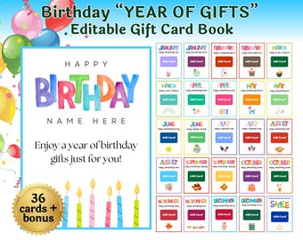 Editable Birthday Gift Card Book Year of Gifts Birthday Gift Adult Birthday Card Holder Customize in Canva | Instant Download, Edit & Print
