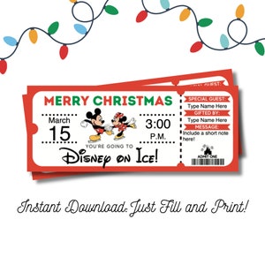 Billet de Noël surprise Mickey sur glace modifiable, cadeau de Noël pour enfants TÉLÉCHARGEMENT IMMÉDIAT Fichier numérique modifiable et imprimable, PDF à remplir