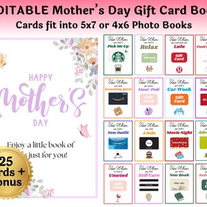Libro de tarjetas de regalo editables para el Día de la Madre para mamá Soporte para tarjetas de regalo Regalo de último momento Personalizable en Canva / Descarga, edita e imprime al instante