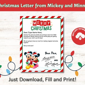 Carta sorpresa navideña editable de Mickey y Minnie, regalo de Navidad para niños, revelación de vacaciones familiares, descarga PDF rellenable e imprimible
