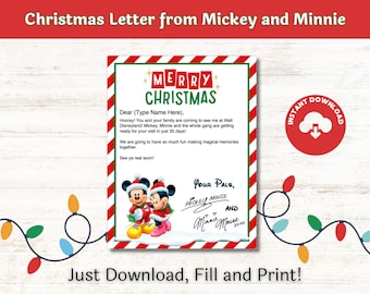 Carta sorpresa navideña editable de Mickey y Minnie, regalo de Navidad para niños, revelación de vacaciones familiares, descarga PDF rellenable e imprimible