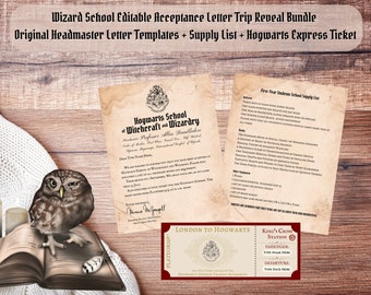 Editable Wizard School Acceptance Letter Train Ticket Trip Reveal Bundle, Customizable Canva Template, Download and Print