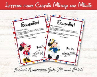 Cartas de Mickey y Minnie para revelar el viaje en crucero. Regalo para niños. Personalizar e imprimir. Descarga digital en PDF.