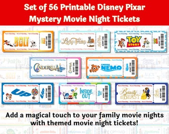 May include: A set of 56 printable Disney Pixar movie night tickets. The tickets feature various movie titles, including Bolt, Lady and the Tramp, Toy Story, Cinderella, Finding Nemo, Up, Inside Out, and Beauty and the Beast. Each ticket has a colorful design with the movie title and a "New Flasing" logo.