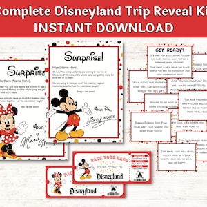 Pacote de revelação de viagem ao parque temático da Califórnia, caça ao tesouro, ingressos, cartas de Mickey e Minnie, personalizar e imprimir download digital em PDF