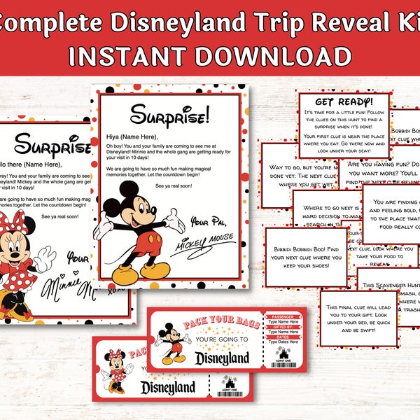 Paquete de revelación de viaje al parque temático de California, búsqueda del tesoro, entradas, cartas de Mickey y Minnie, personaliza e imprime descarga digital en PDF