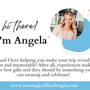 K&ouml;nnte beinhalten: Grafik mit dem Text "hi there! I'm Angela" und einem Foto einer l&auml;chelnden Frau. Der Text darunter lautet "And I love helping you make your trip reveals fun and memorable!" mit einer Website-Adresse unten.
