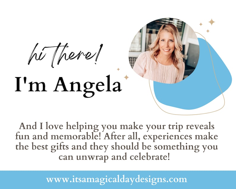 K&ouml;nnte beinhalten: Grafik mit dem Text "hi there! I'm Angela" und einem Foto einer l&auml;chelnden Frau. Der Text darunter lautet "And I love helping you make your trip reveals fun and memorable!" mit einer Website-Adresse unten.